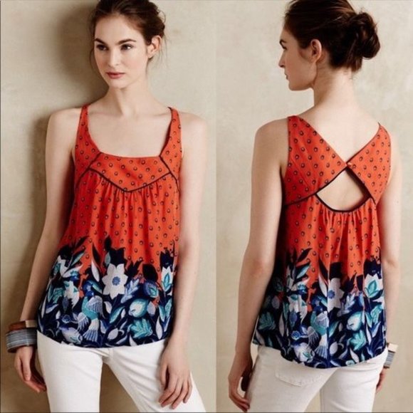 Maeve by Anthropologie Mazie Tank Top in Orange & Blue Peacock Pattern - Picture 1 of 9